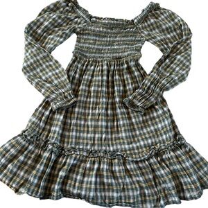 Franki by Francesca’s Girls Green Plaid Smocked Prairie Dress Youth 7 Cotton